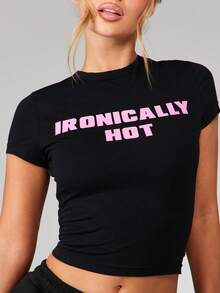 MISSGUIDED Ironically Hot Slogan Short Sleeve Crew Neck Fitted Crop Tee With Pink Text Print - Black - View 3