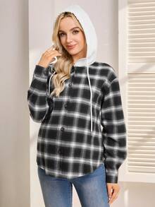 SHEIN 孕妇格子长袖连帽纽扣抽绳休闲衬衫 - 彩色 - 查看 3