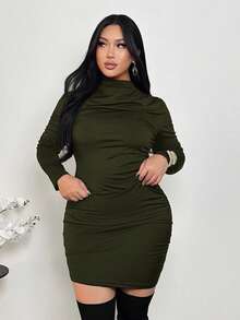 Firerie Plus Size Elegant Olive Green Autumn Long Sleeve Mini Dress, Night Out Club Ruched Turtle Neck Bodycon Dress,Curve Fitted Valentine's Day Outfit - Army Green - View 4
