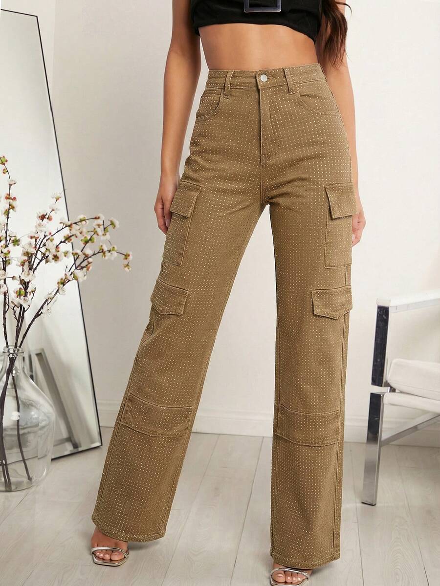 Denimoi Quần áo thu đông nữ, quần jeans ống đứng cạp vừa màu đen đính đá nhiều túi, thường ngày. Thích hợp mặc hàng ngày, đi chơi, hòa nhạc, lễ hội, tiệc tùng, câu lạc bộ, trang phục Giáng sinh cho nữ. - màu nâu - Xem 1