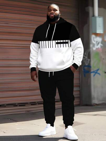 Manfinity Homme Herr plusstorlek gatumode tigermönster (huvtröja + mjukisbyxor i stil, herr höst- och vinter tvådelat set, herr huvtröja för vardagsbruk