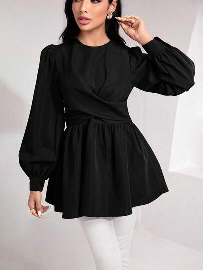 Veilorie Women's Solid Color Round Neck Raglan Lantern Sleeve Ruffle Hem Elegant Blouse