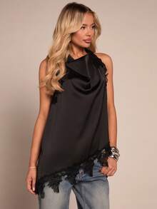 Glamine Áo sơ mi nữ không tay vải poplin chắp vá ren gợi cảm lãng mạn, viền bất đối xứng, thiết kế hở lưng, áo cánh nữ thanh lịch, áo sơ mi poplin đen dành cho nữ công sở - màu đen - Xem 4