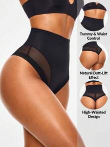 SHAPORA Shaping High-Waisted Mesh Thong Body Shaper Butt Lifter-Tummy Waist Control - Black - View 1