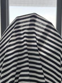 SHEIN 少女休闲度假街头风不对称肩部提花条纹修身短款T恤和配套直筒条纹针织裤套装，返校季穿搭 - 黑色 - 查看 6