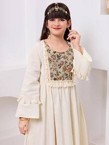 Tween Girl Elegant Round Neck Solid Color Patchwork Pattern Tassel Decor Dress,Kids - Apricot - View 5