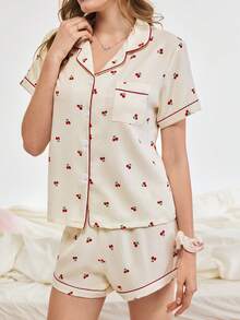 Bonmuse 2pcs/Set Women Cherry Print Pajama Set, Short Sleeve Button Shirt And Shorts, Summer Casual Loungewear - Beige - View 5