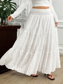 Truni Elyhuante_03 Plus Size Solid Color Drawstring Waist Skirt, Casual For Spring & Summer, For Pear Triangle Body Shape - White - View 3