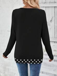 EMERY ROSE Camiseta de manga larga con cuello en V y estampado de lunares, talla grande para mujer, nueva llegada para primavera/otoño - Negro - Ver 2