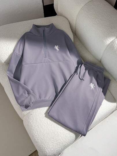 SHEIN 2pcs/Set Tween Girls Casual Outfit, Polo Zipper Mock Neck Long Sleeve Sweatshirt With Loose Fit And Oversized Wide Leg Pants, Sports Pants Set For Daily Wear And Workout