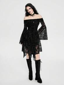 Breakform 女士哥特风性感优雅露肩荷叶边十字吊坠喇叭袖植绒复古迷你连衣裙 - 黑色 - 查看 5