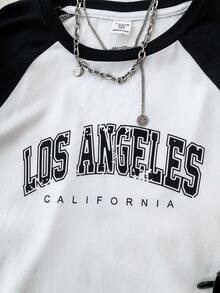 SHEIN Áo thun tay raglan tối giản, thoải mái dành cho bé gái tuổi teen - Đen và trắng - Xem 3