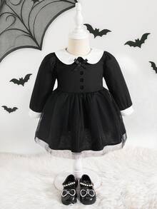 SHEIN Baby Girl Wednesday Roleplay Black Dress With White Collar, Cuffs And Mesh Skirt - Black - View 4