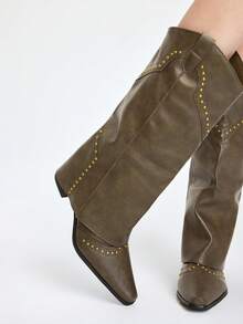 ROMWE Grunge Punk 鉚釘復古女式高筒靴，法式風格，適合較短腿部的多功能西部騎士靴 - 卡其色 - 查看 4