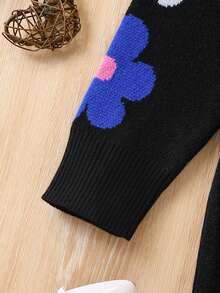 Girls Black Floral Knitted Long Sleeve Sweater Dress,Cute Flower Pattern French Style Autumn Dress For Holiday,Back-To-School Fashion Long Sweater - Black - View 3