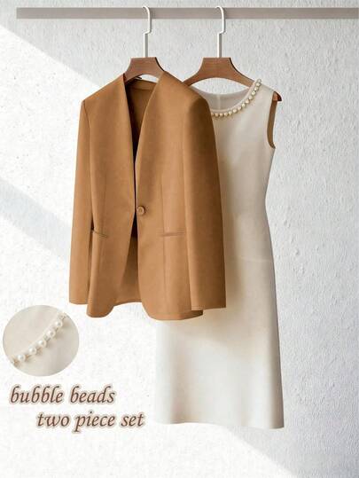 Franclia Elegante high-end colbert en ronde hals met kralen versierde mouwloze jurk (set van 2 stuks)