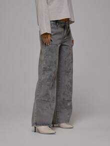 MUSERA 直筒工装牛仔裤，泼墨细节，秋冬街头风，酷女孩Y2K日常休闲风，复古棕褐色 - 卡其色 - 查看 3