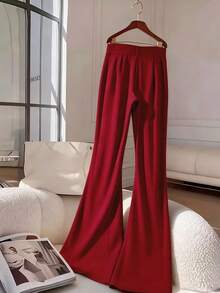 Franclia 女士高腰口袋针织喇叭裤，休闲宽松日常穿着，秋冬款 - 紅色 - 查看 2