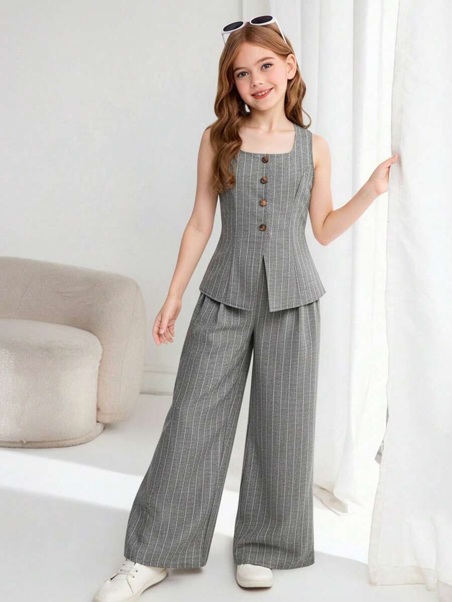 SHEIN Tween Girl Casual Elegant Commute Street Chic Jacquard Striped Button Front Sleeveless Top And Straight Leg Pants Set - Light Grey - View 1