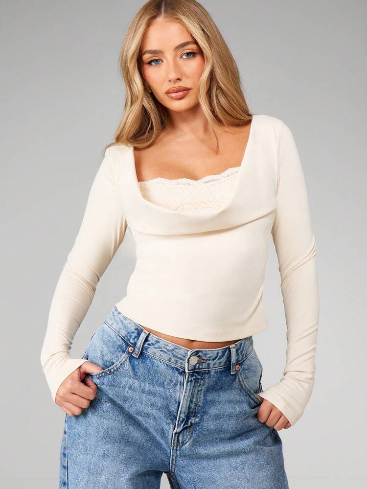 MISSGUIDED Lace Trim Cowl Neck Long Sleeve Blouse With Draped Neckline Fall Winter Fashion Top