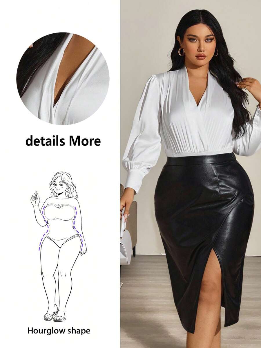Hourglow Plus Size Elegant Solid Color Lantern Sleeve Bodysuit/Autumn /Winter - White - View 1