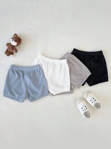 SHEIN 4pcs/Set Baby Boy Toddler Solid Color Elastic Knit Shorts With Cute Embroidered Patches, Suitable For Daily Wear And Outings - Multicolor - View 3