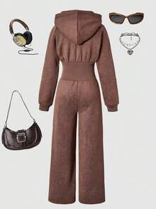 SHEIN ChillGRL 女童白色和灰色连帽拉链休闲运动卫衣和高腰抓绒裤套装 - 棕色 - 查看 2