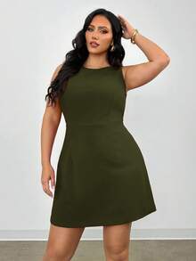 Firerie Plus Size Elegant Commuter Solid Color Bow Decor Backless Sleeveless Dress - Army Green - View 4