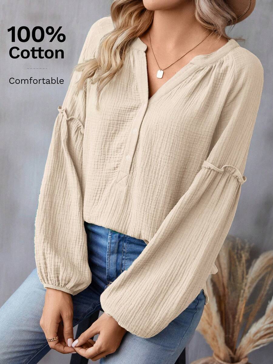 SHEIN LUNE 女士纯色纽扣长袖棉质衬衫 - 杏色 - 查看 1