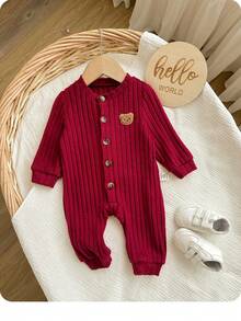 1件装新生儿可爱百搭休闲连体衣，红色小图案防滑条纹面料，舒适休闲，百搭时尚，适合日常穿着，室内外皆宜，可用于日常生活、运动、玩耍、聚会、拍照、度假和节日等场合，春、夏、秋、冬四季皆可穿着。 - 酒紅色 - 查看 2