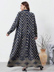 SHEIN Najma 大码女式复古几何花卉印花纽扣领长袖连衣裙，适合春秋季节时尚 - 彩色 - 查看 2