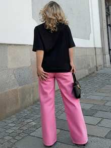 Jeta Ari Quần Jeans Ống Rộng Túi Xiên Dáng Rộng Thường Ngày Cho Nữ - Màu Hồng Tươi - Xem 2