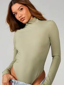 MISSGUIDED Sage Long Sleeve Turtleneck Bodysuit With Extreme Open Back Cut Out Detail Fall Winter Comfort - Olive Green - View 5