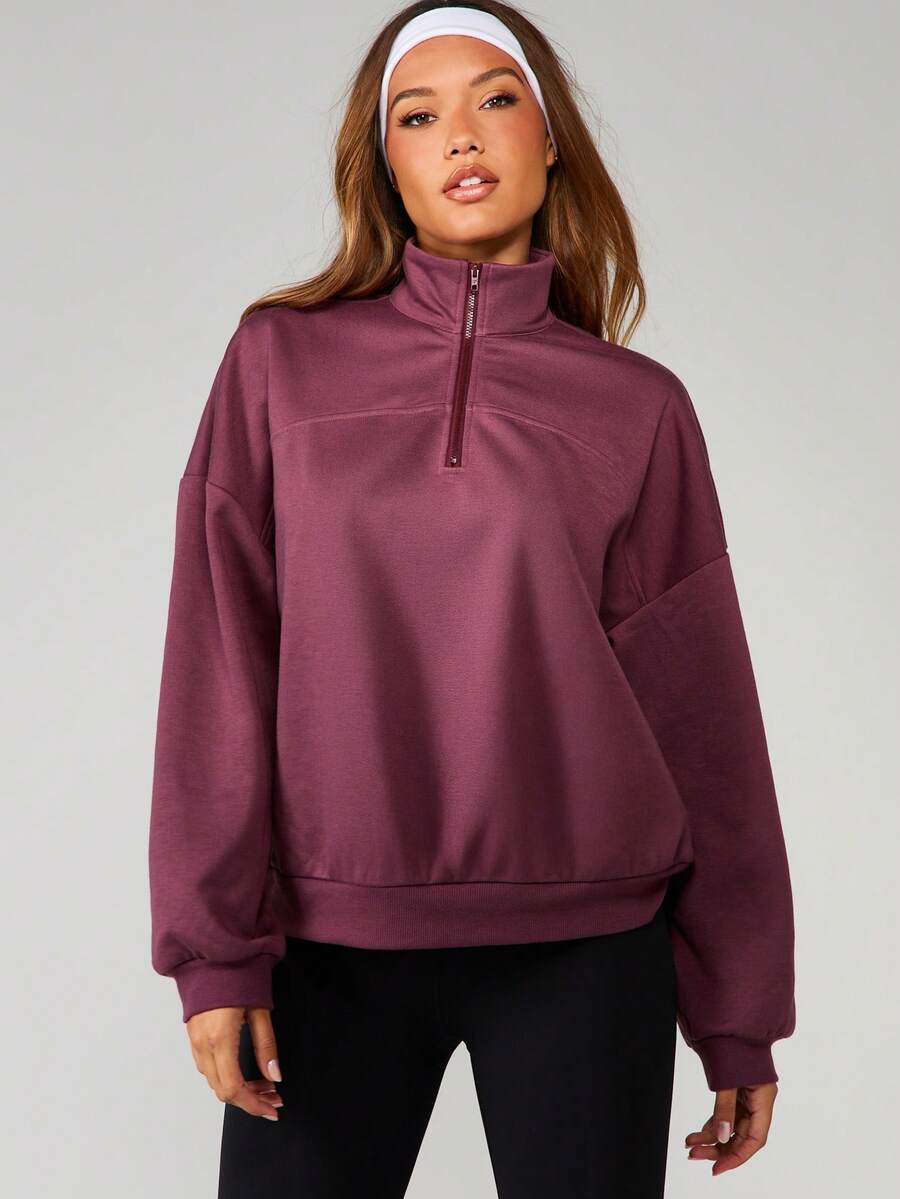 MISSGUIDED Quarter Zip Seam Detail Pullover Sweatshirt With Long Sleeves And Ribbed Cuffs For Fall Winter Casual Everyday Wear - Purple - View 1