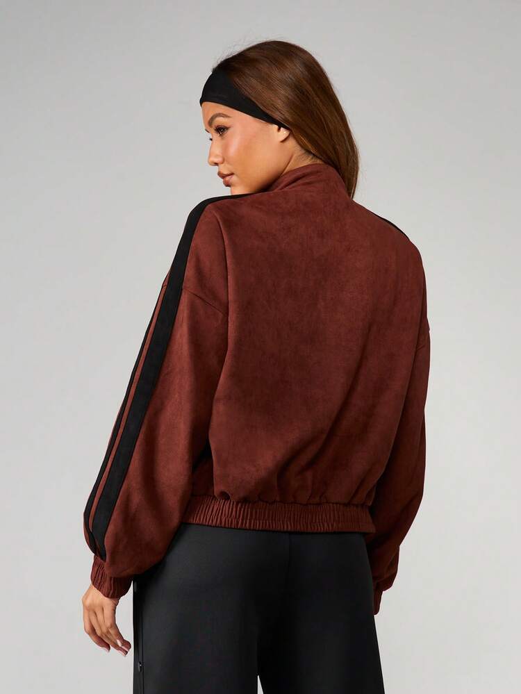 MISSGUIDED Women's Suede Full-Zip Track Jacket With Side Stripes Casual Sporty Outerwear Fall Winter Layering Piece