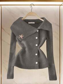 Franclia Elegant Metallic Starfish Button Cardigan With Oversized Collar, Waist Cinching Design, Flattering Fit - Inspired By European Fashion Blogger Styles