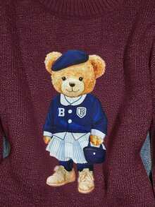 SHEIN EZwear Women's Cartoon Bear Pattern Crew Neck Long Sleeve Casual Sweater, Suitable For Autumn/Winter - Burgundy - View 6