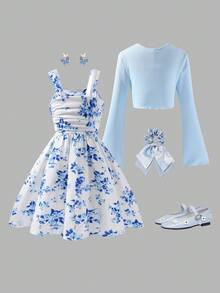 Sparklyn Tween Girls Lovely, Dignified, High-End, Elegant Dress With Matching Shawl Cardigan. Pink Textured Fabric, Knit High-Stretch, Bow Decor Fitted Dress With Long Sleeves And 3D Bow Shawl Fall Winter - Blue - View 2