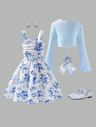 SHEIN Tween Girls Lovely, Dignified, High-End, Elegant Dress With Matching Shawl Cardigan. Pink Textured Fabric, Knit High-Stretch, Bow Decor Fitted Dress With Long Sleeves And 3D Bow Shawl Fall Winter