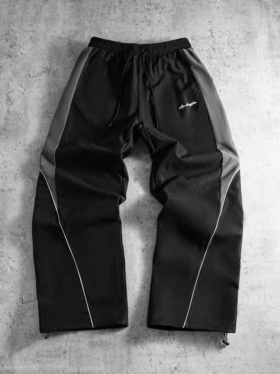 PAVTROS Calça masculina de cintura com cordão solto, com design de combinação de cores laterais. Calça masculina de perna larga, calça masculina reta. Adequada para uso diário, saída, esportes e lazer, escola, festas, festivais de música, lazer. Pode ser usado como presente para amigos, namorados, outono - Preto - Visão 1