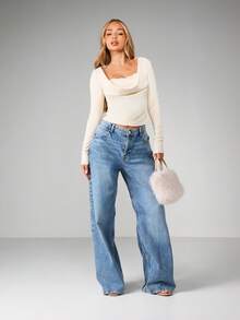 MISSGUIDED Bluse mit Spitzenkragen, Kuhlenausschnitt und langen Ärmeln mit drapiertem Ausschnitt, Herbst-Winter-Mode-Top - Aprikosenfarben - Übersicht 3