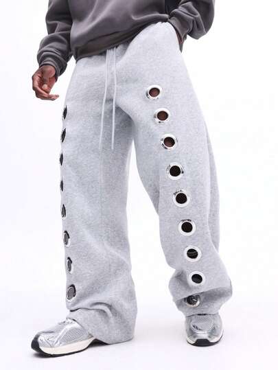 SUMWON Loose Fit Sweatpants With Metal Eyelets Side Details Casual Drawstring Joggers Comfortable Relaxed Pants