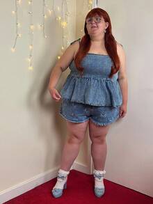 Enliva Abidrinkell Plus Size Blue Denim Cami Top Casual And Ruffles Sweet Summer Cami Top, For Apple Rounded Body Shape - Medium Wash - View 3