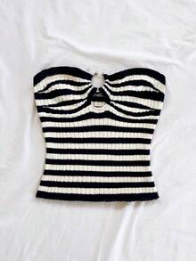 Soleia Women's Chic Navy Blue And White Striped Knit Tube Top With Metal Decor,Hollow Out Design,Summer Vacation Beach Camisole For Spring Everyday Wear - Multicolor - View 5