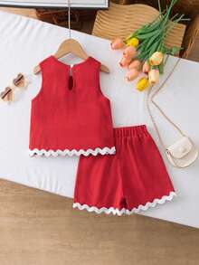 Elladie kids 两件套女童纹理面料撞色下摆无袖上衣和休闲短裤套装 - 紅色 - 查看 2