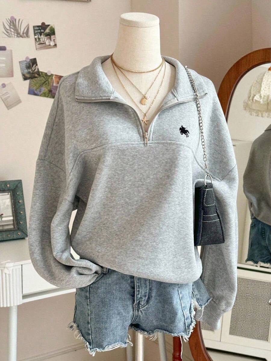 SHEIN 少女开衩拉链领马印花休闲卫衣 - 灰色 - 查看 1