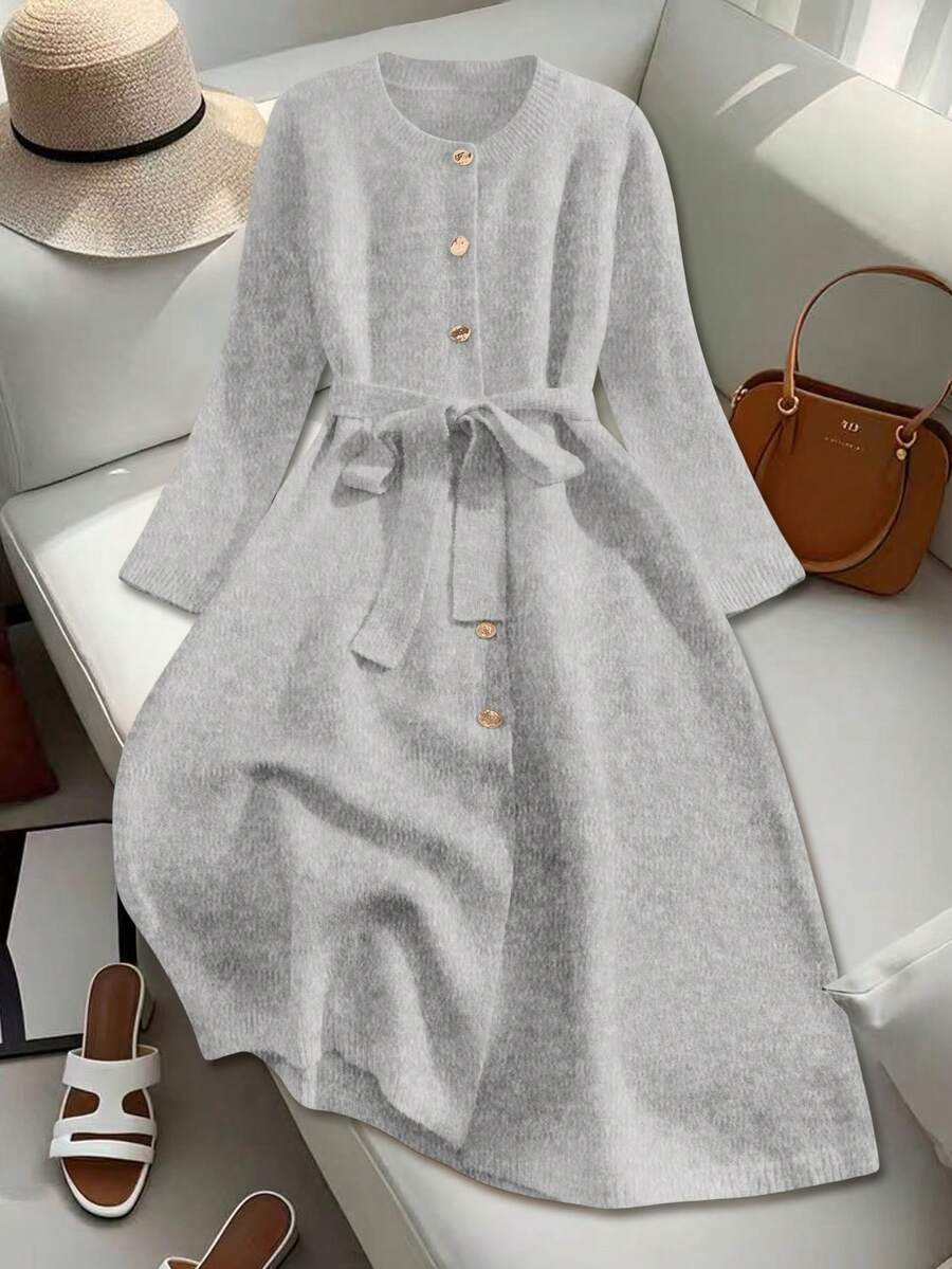 SHEIN Franclia Vestido de suéter de punto largo con cuello redondo, botones y cinturón para mujer - Gris - Ver 1