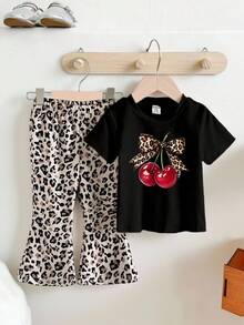 Baby Girl Cherry Print Round Neck Short Sleeve T-Shirt And Leopard Print Flare Pants Casual Outfit - Multicolor - View 1