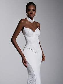 Elitara Elegant Luxury Romantic French Embroidery Bone Line Pearl Lace Off-Shoulder Cat-Shaped Bust, Sheer Side Panel, Fishtail Hem Women's Wedding Dress, Formal Gown, Evening Dress