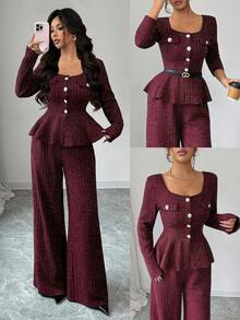 SHEIN Elenzya 秋冬新款加厚斜纹软呢银线两件套，法式浪漫优雅女士设计，分领腰部荷叶边下摆长袖开衫+高腰直筒裤，适合独立日穿着 - 酒紅色 - 查看 6